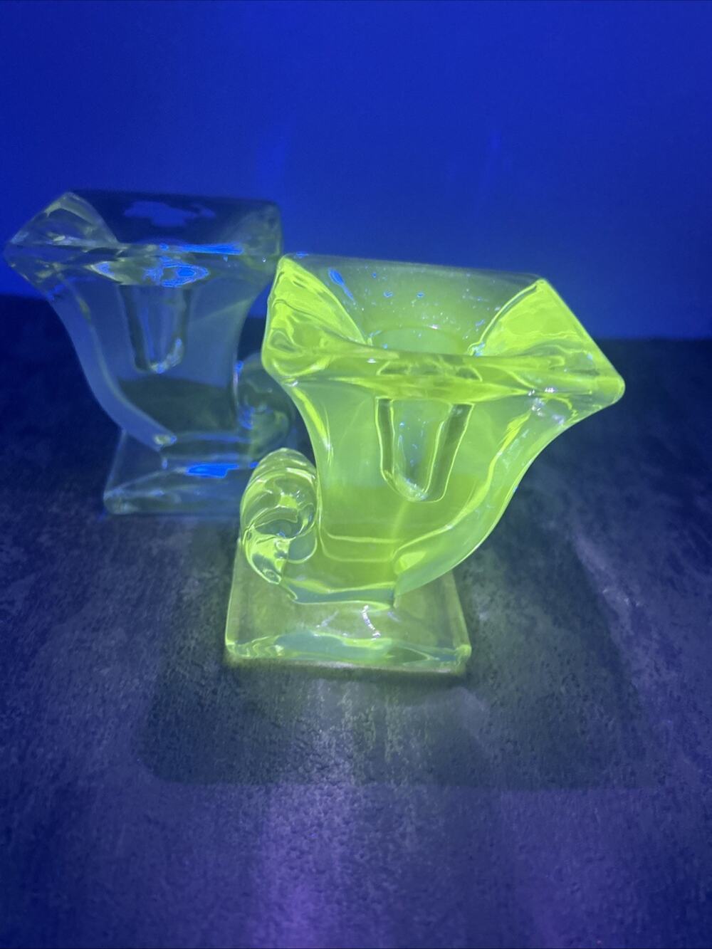 Pair Of Viking Glass co Uranium Candlestick Holders 3.5" Tall